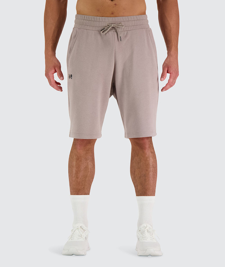 Men's organic cotton sweatshort, Model is 179 cm and wearing size M#color_sand